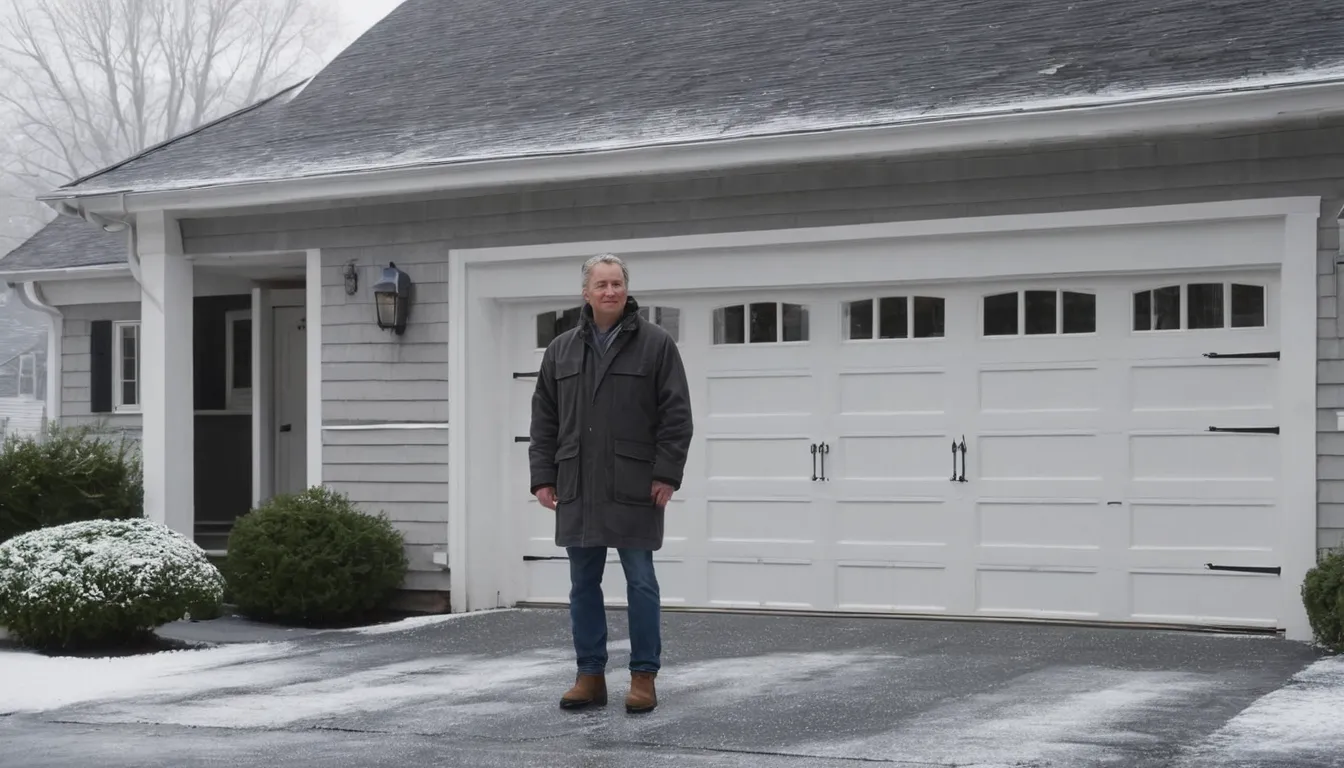 A homeowner looking at a closed garage door on a snowy Doylestown street